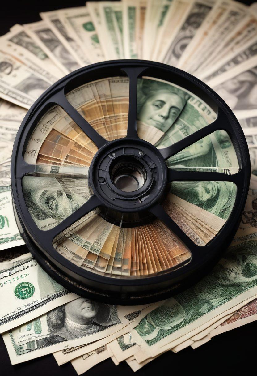 A visually striking collage showcasing a film reel merging with dollar bills, symbolizing the blend of cinema and investment. In the background, soft focus adult film scenes juxtaposed with graphs and charts illustrating growth and profit. The overall mood is both entrepreneurial and artistic, reflecting passion and strategy. bold colors and dynamic composition to draw the eye. super-realistic. vibrant colors.