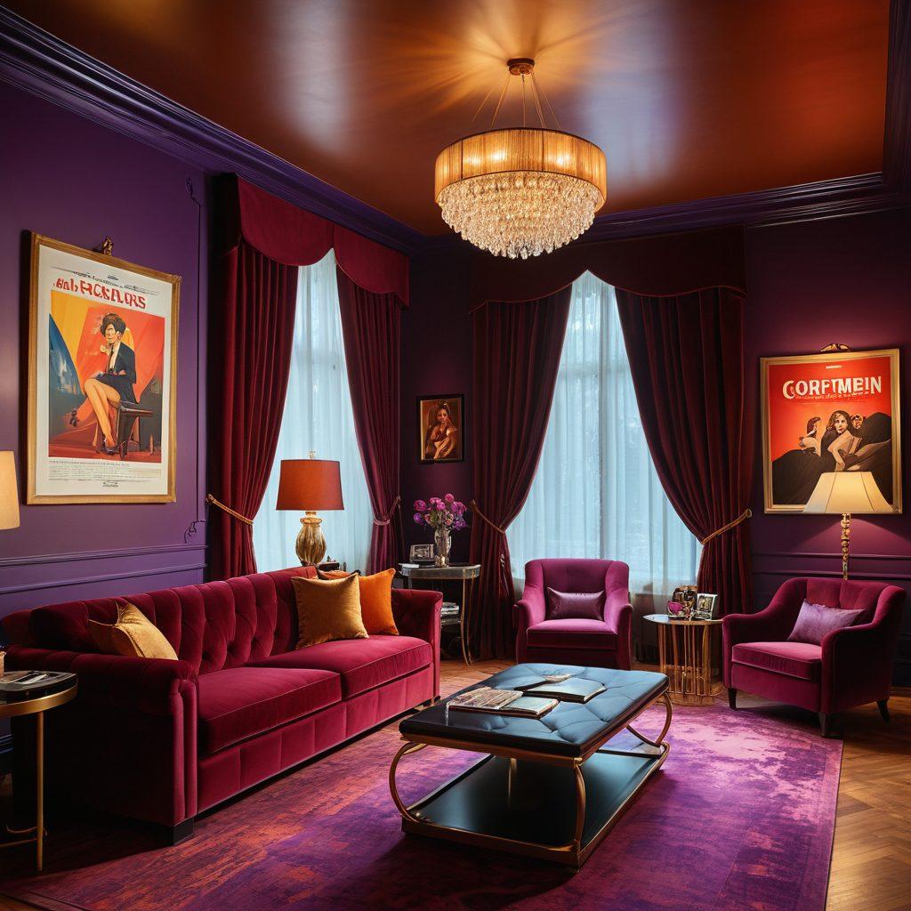 A cinematic setting showcasing a luxurious adult entertainment studio with velvet drapes, vintage movie posters, and golden lighting that embodies passion and allure. Include insurance documents partially visible on a stylish coffee table and a thoughtful individual considering their investments. The atmosphere should be vibrant, artistic, and engaging, drawing viewers into the world of adult cinema. super-realistic. vibrant colors. 3D.